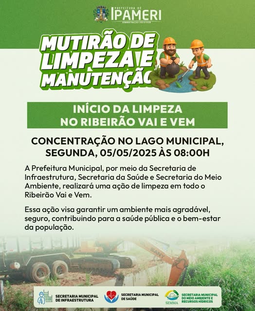 Prefeitura realizará Mutirão de Limpeza e Manutenção no Ribeirão Vai e Vem